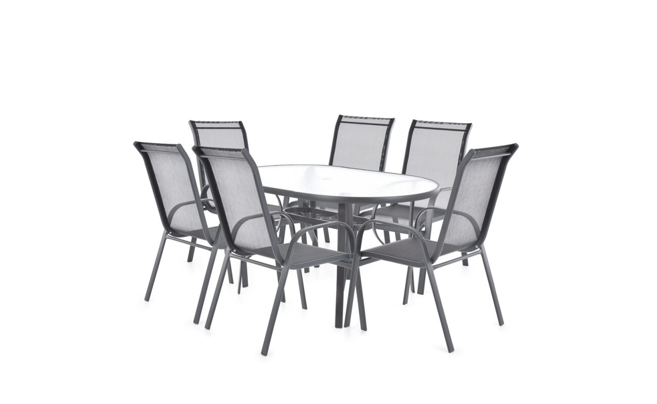 Combined set of six chairs and one table made of steel-aluminium profiles and comaxit finish. Table with tempered glass. Chair capacity 120 kg.