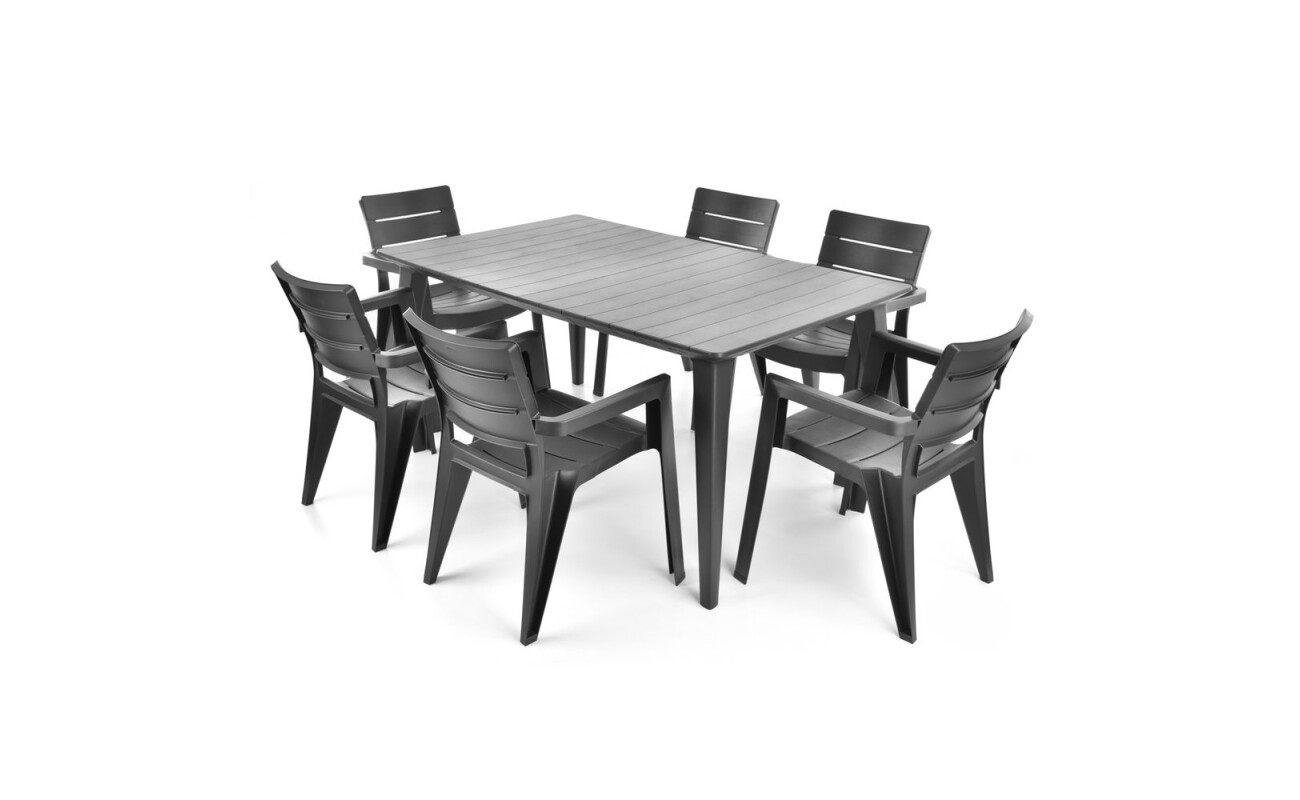 Practical set of garden furniture consisting of six chairs and one table.