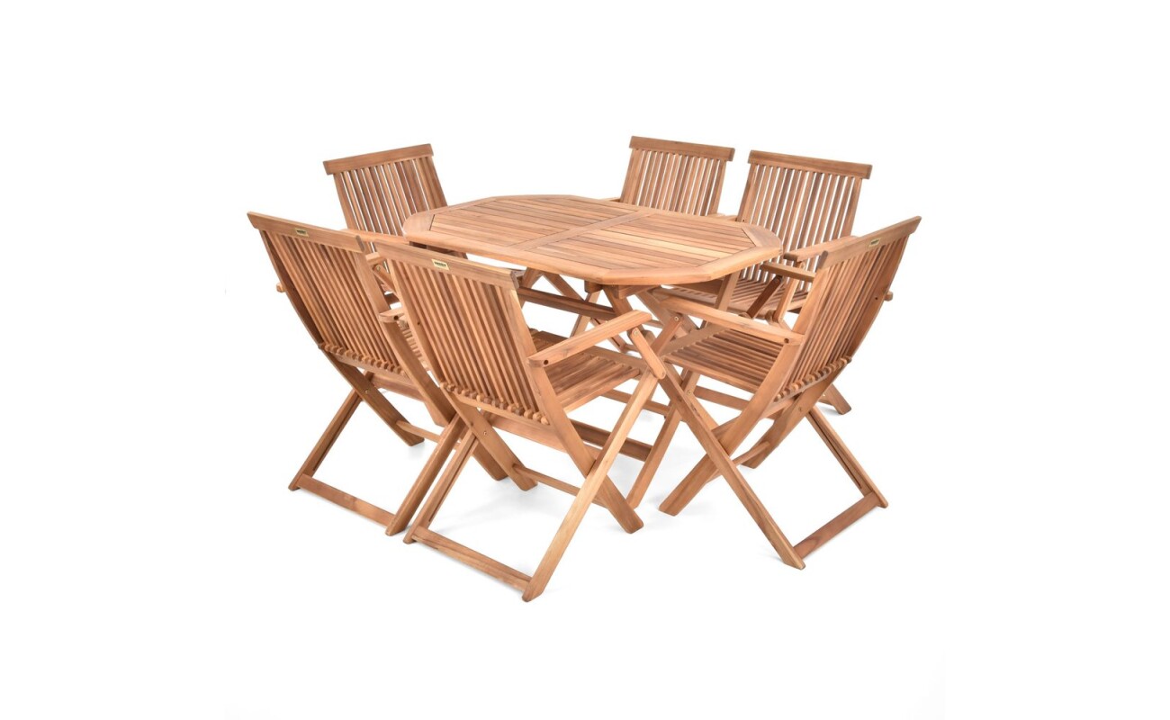 Garden&nbsp;furniture set of six&nbsp;chairs and one table&nbsp;made of hardwood&nbsp;Acacia.&nbsp;Suitable for sheltered garden areas.