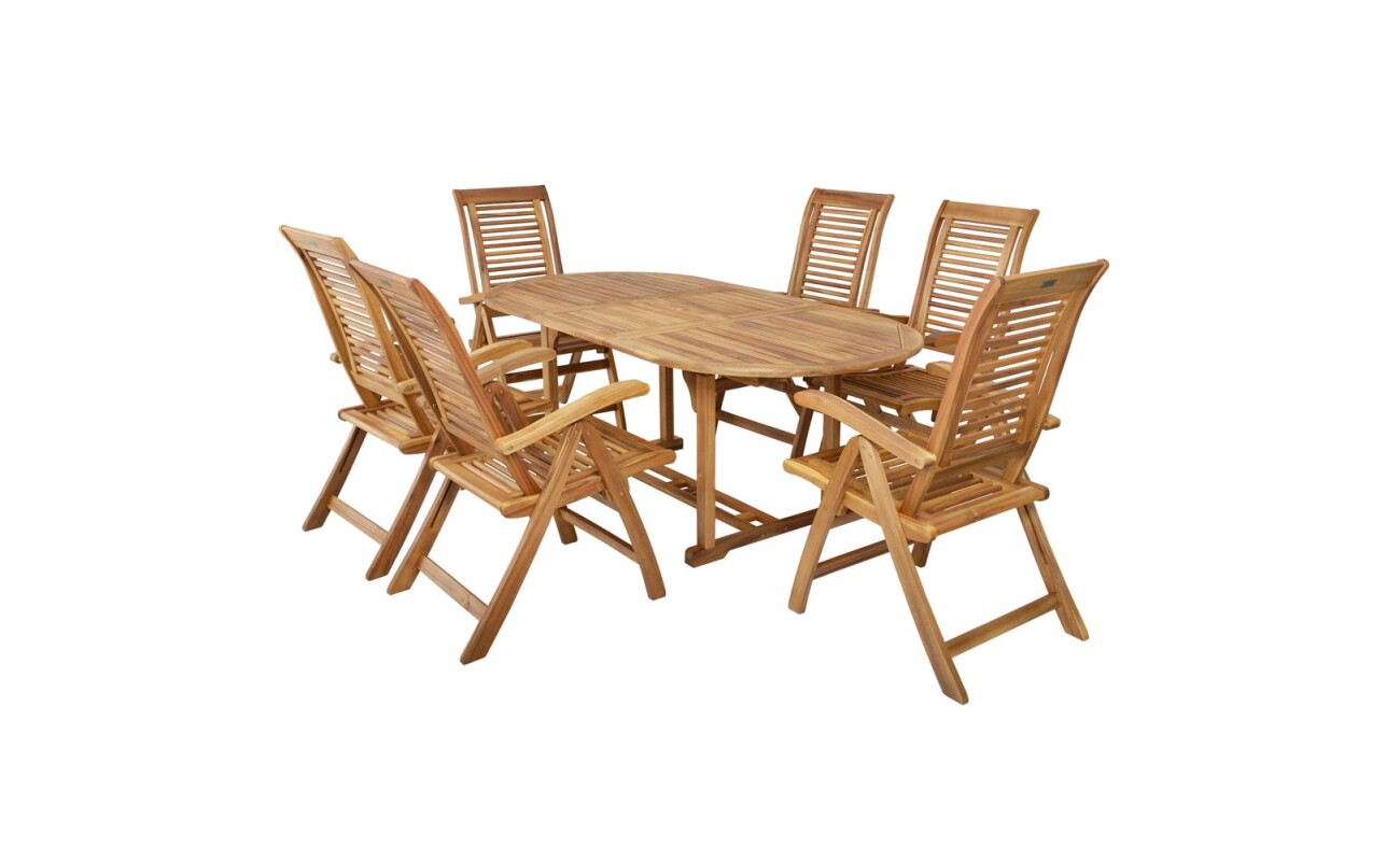 A luxurious combination set of six armchairs and a table in acacia hardwood.