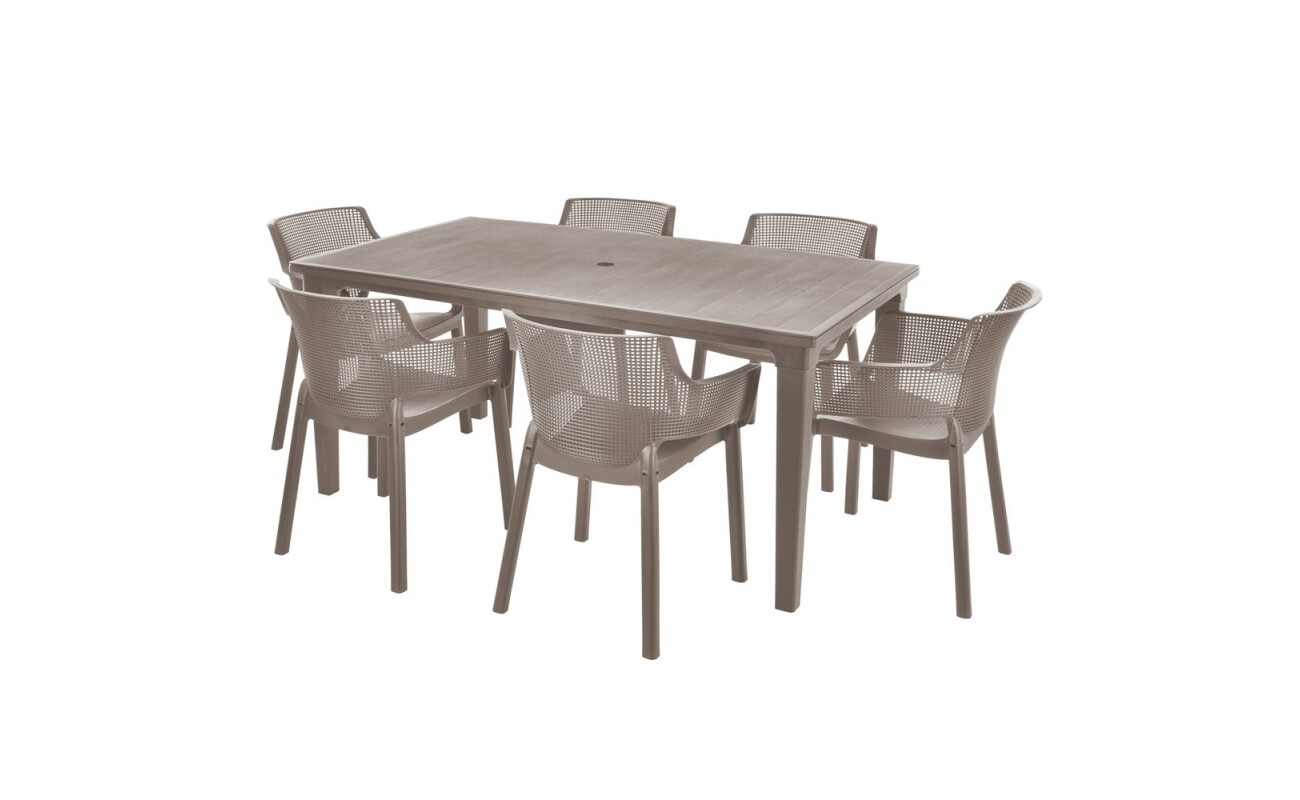 Practical garden furniture set consisting of six chairs and one table.