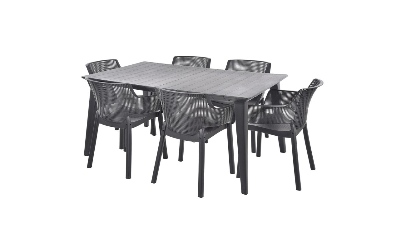 Very practical garden furniture set consisting of six chairs and one table.