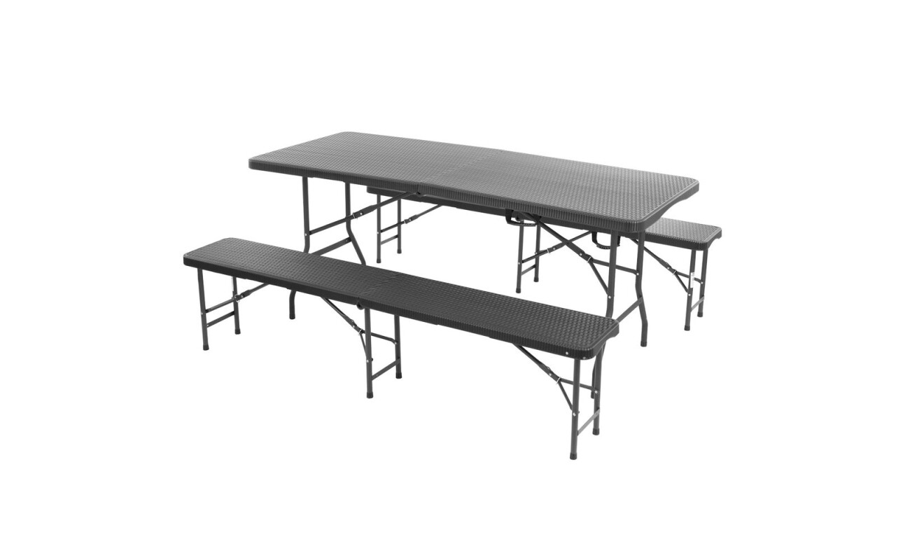 Folding set of two benches and one table made of steel-aluminium profiles with comaxit coating. Surface of table and chairs made of highly durable plastic.