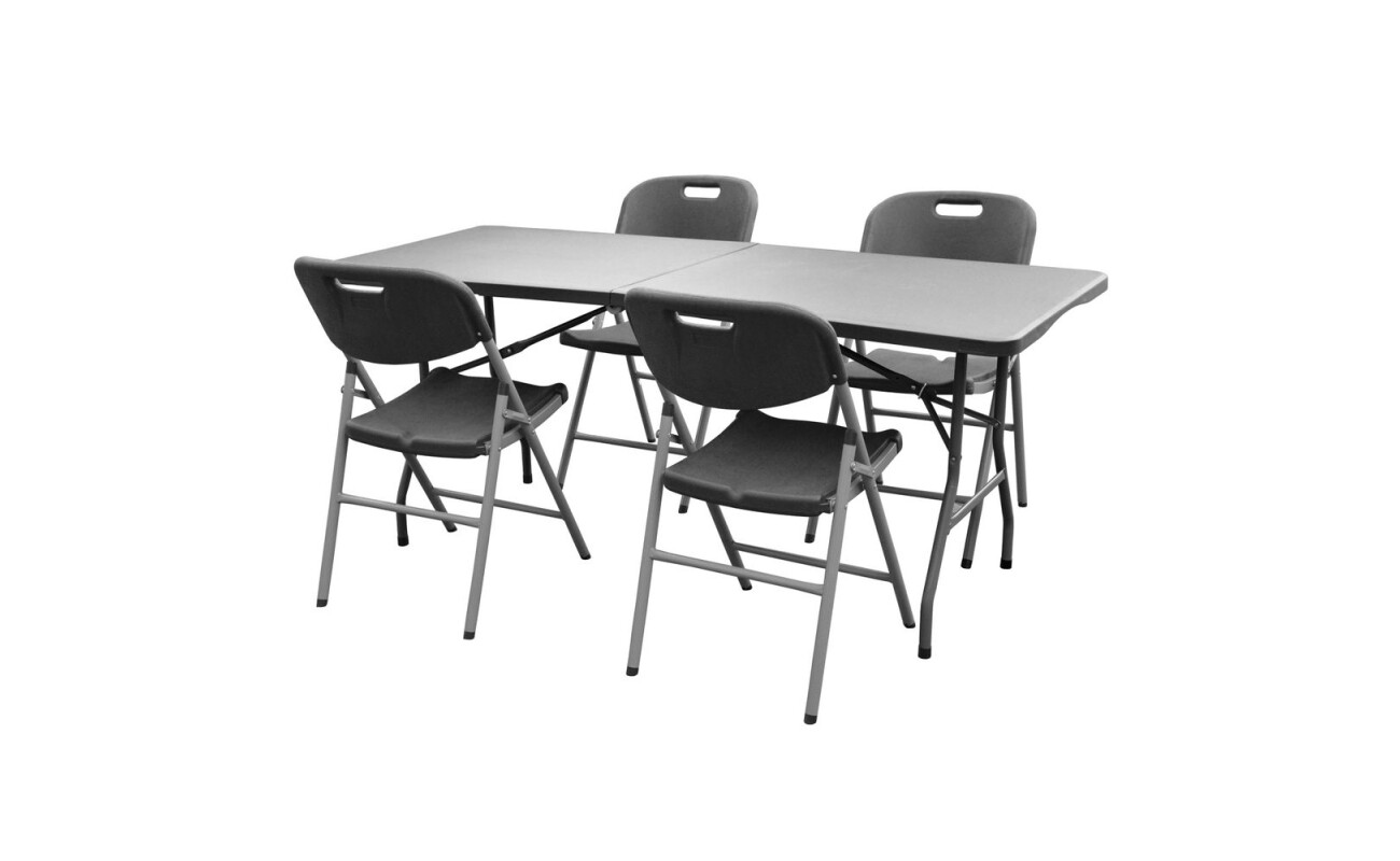 Folding set of four chairs and one table made of steel-aluminium profiles with comaxit finish. Surface of table and chairs made of highly durable plastic.