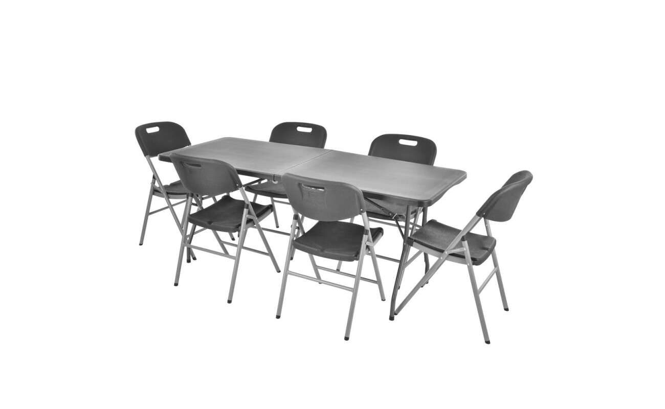 Folding set of six chairs and one table made of steel-aluminium profiles with comaxit coating. Surface of table and chairs made of highly durable plastic.