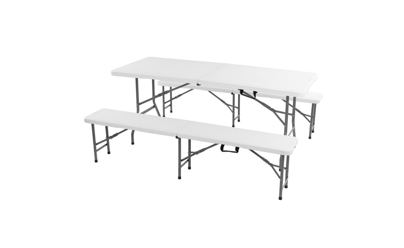Folding set of two benches and one table made of steel-aluminium profiles with comaxit coating. Surface of table and chairs made of highly durable plastic.