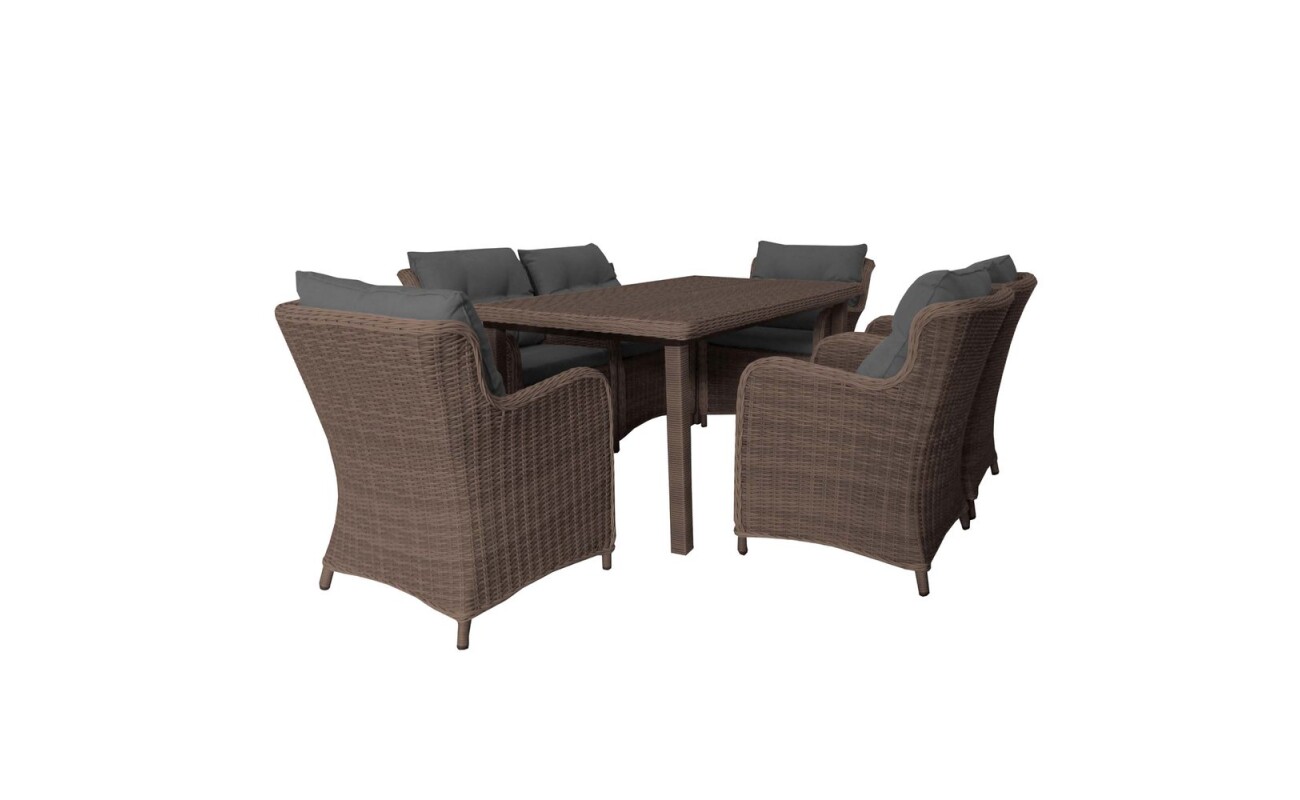 Luxury garden set of six armchairs and table with tempered glass made of artificial rattan. Including padding. Suitable for use in damp environments.