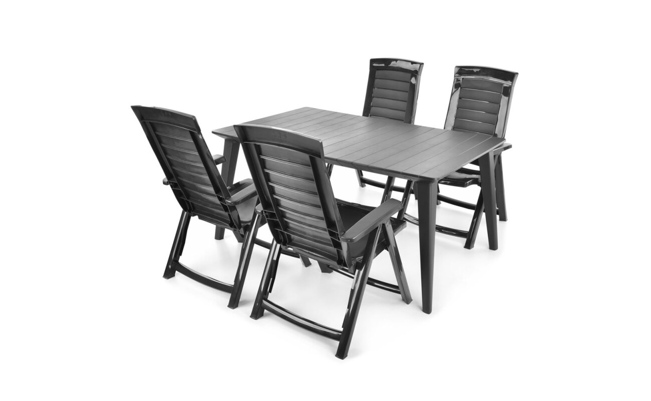 Practical set of garden furniture consisting of four adjustable chairs and one table.