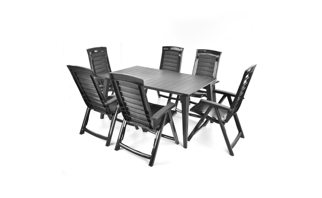 A very practical set of garden furniture consisting of six adjustable chairs and one table.