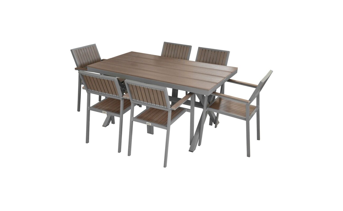 Luxurious set of six chairs and one table made of aluminium profiles with comaxite finish. The surface of the table
