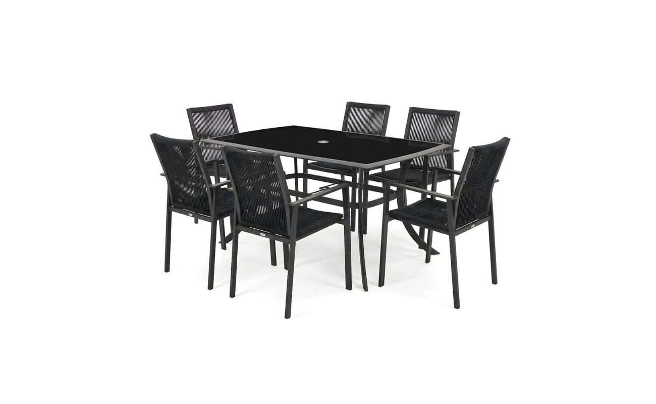 Luxurious set of six chairs and one table made of aluminum profiles with Komaxit finish. The surface of the table is made of highly durable polypropylene. Suitable for exteriors and interiors.