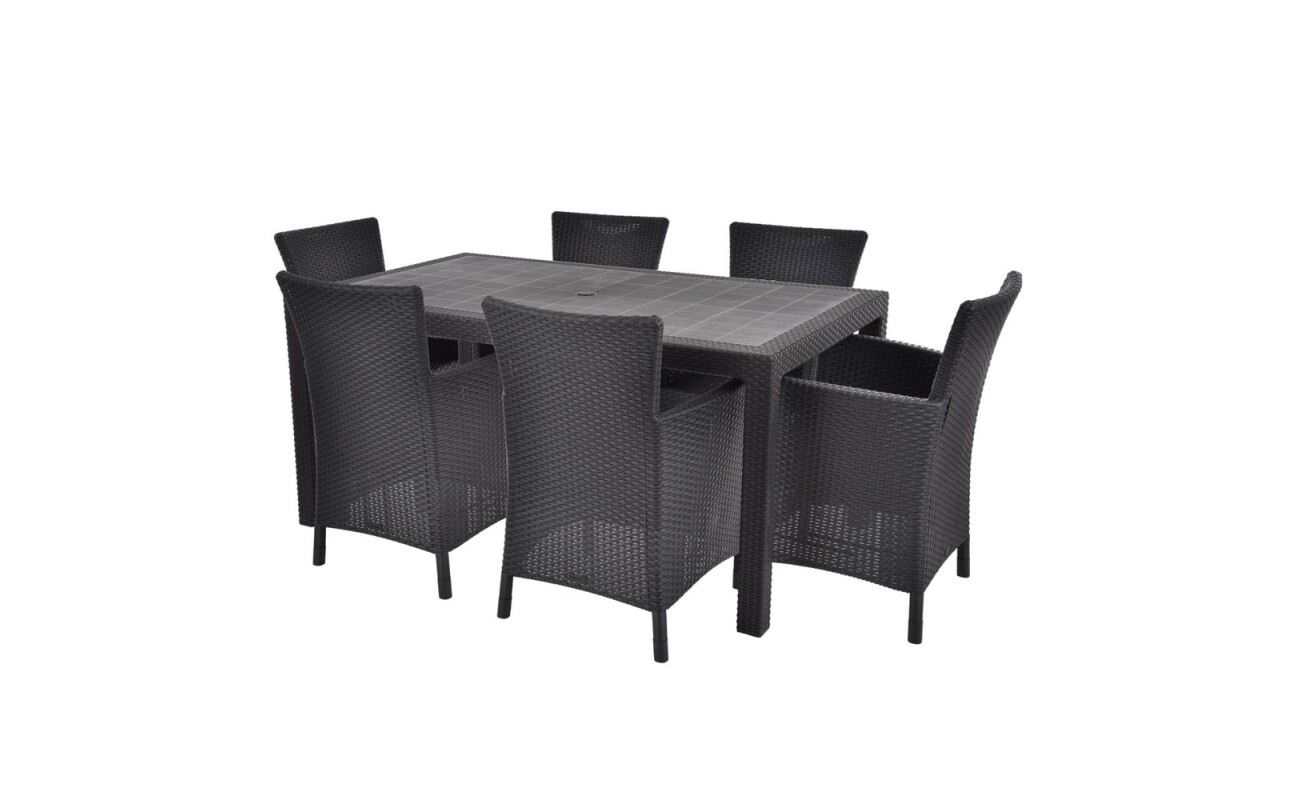 Garden furniture set consisting of six chairs and one table. Made of very durable plastic