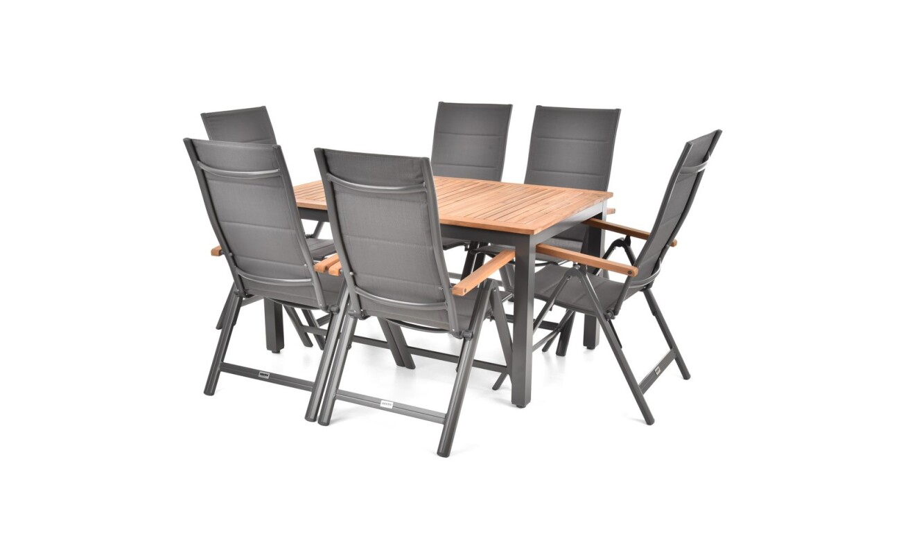 Luxurious combined set of 6 adjustable chairs and one folding table. Made of aluminum profiles with Komaxit treatment. Suitable for garden covered areas and interiors.