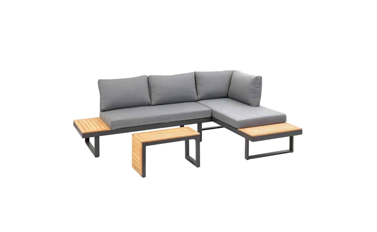 Luxury combination set of two sofas and one coffee table made of aluminium profiles with comaxite finish and acacia wood. Wood treated with oil varnish including padding.