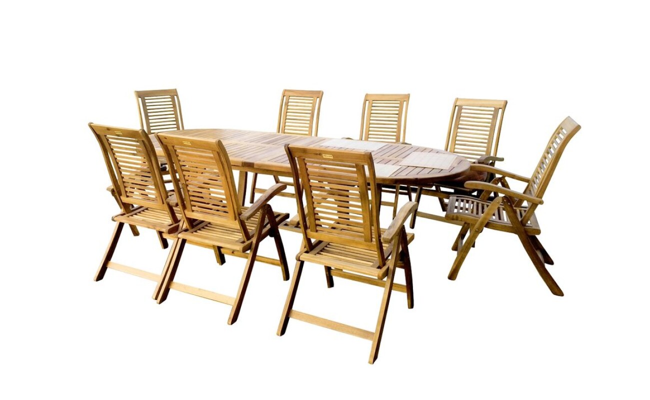 Luxury combination set of eight armchairs and one table made of Acacia hardwood. Suitable for garden covered areas and interiors. Table: 180/280 x 115 x 76 cm. Chair: 58 x 68 x 110 cm. Load capacity of the chair 160 kg.