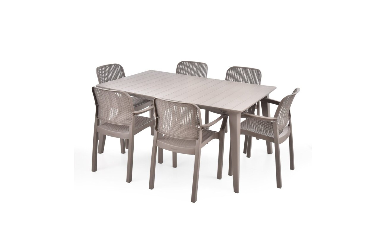 Practical garden furniture set consisting of six chairs and one table.