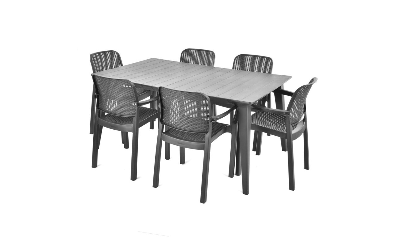 Practical garden furniture set consisting of six chairs and one table.