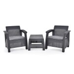 <p>Luxurious combined set of two armchairs and a table made of artificial rattan