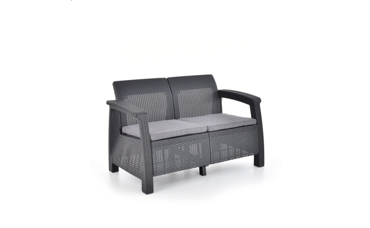 one sofa and one table made of artificial rattan. Made of highly durable polypropylene.