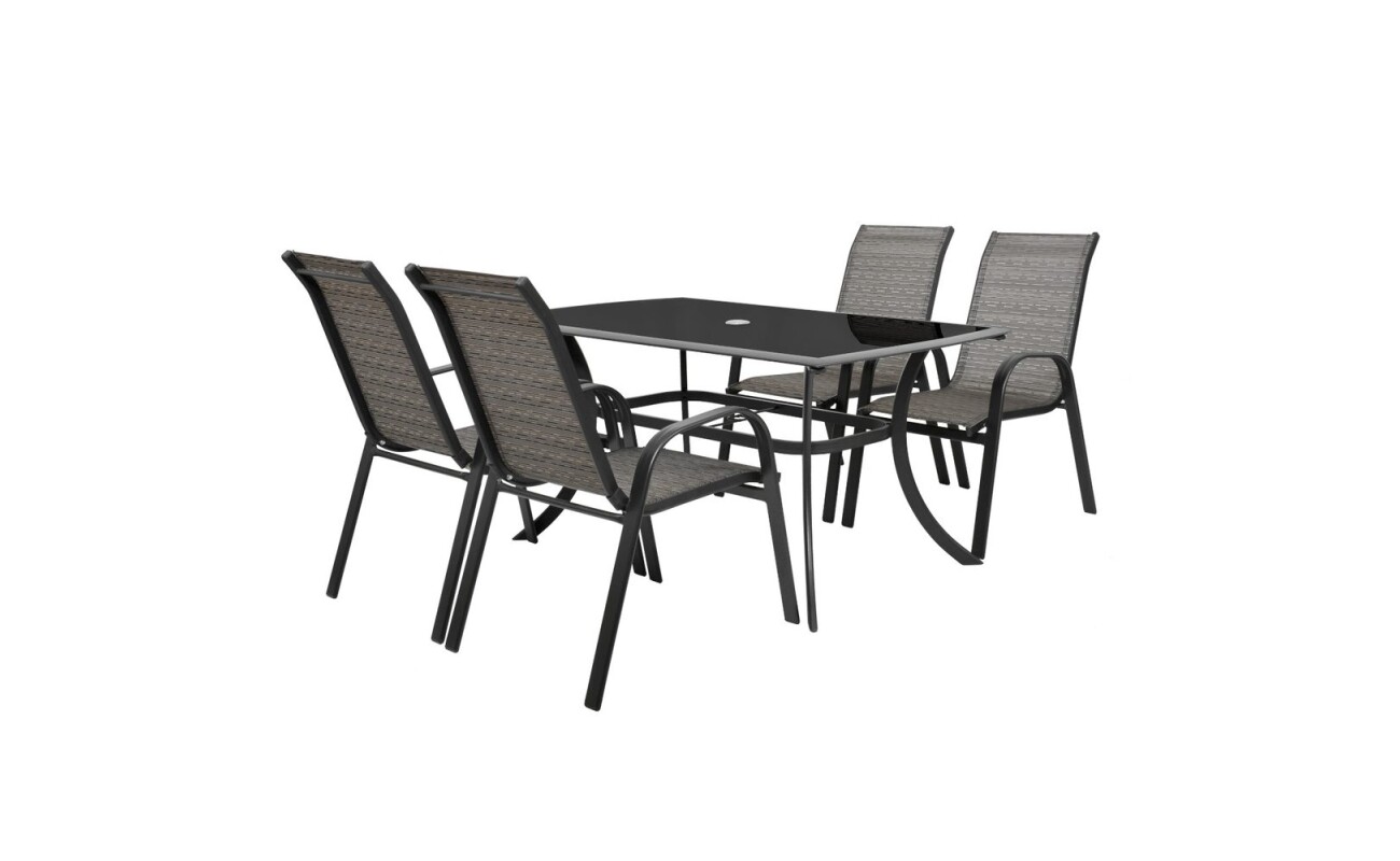 Combined set of four chairs (stackable) and one table made of aluminium profiles with comaxit coating.