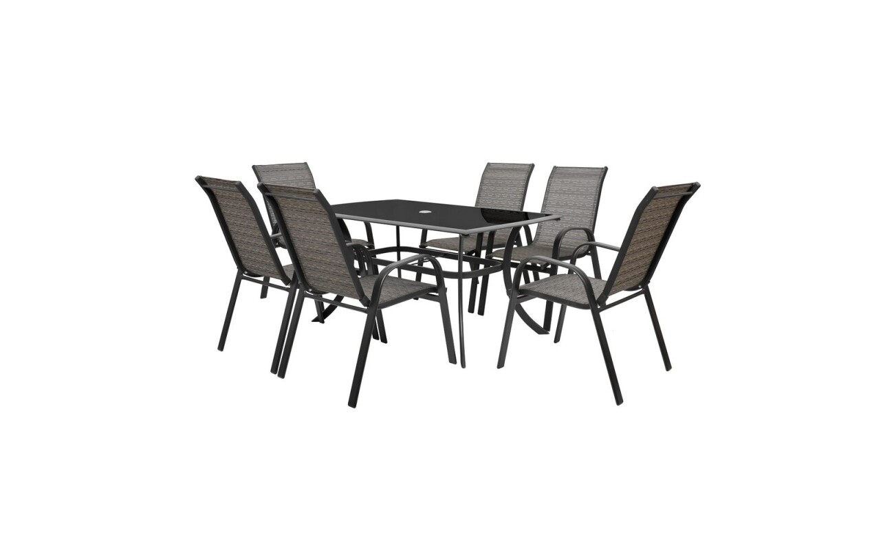 Combined&nbsp;set&nbsp;of six&nbsp;chairs&nbsp;(stackable)&nbsp;and&nbsp;a&nbsp;table&nbsp;made of aluminium&nbsp;profiles.&nbsp;Table&nbsp;with tempered&nbsp;black glass.&nbsp;Suitable for sheltered garden areas.