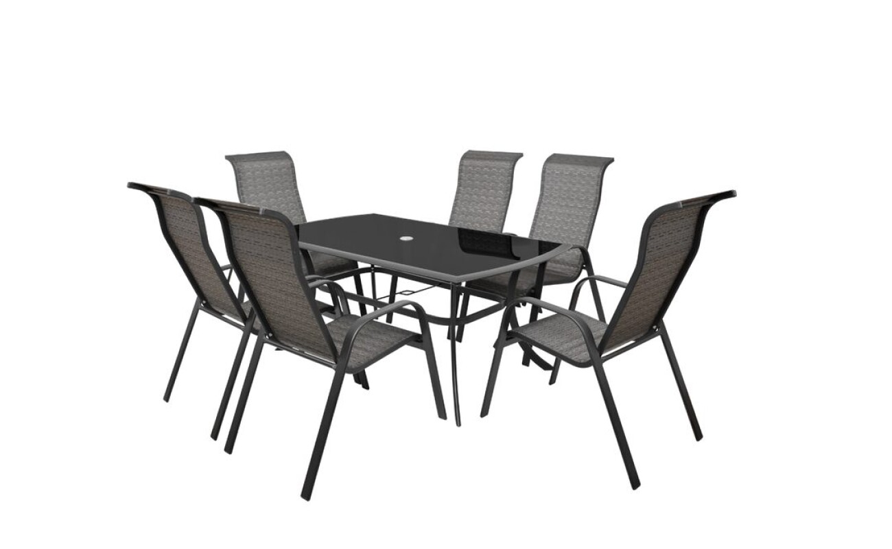 Combined&nbsp;set&nbsp;of six&nbsp;chairs&nbsp;(stackable)&nbsp;and&nbsp;a&nbsp;table&nbsp;made of aluminium&nbsp;profiles.&nbsp;Table&nbsp;with tempered&nbsp;black glass.&nbsp;Suitable for sheltered garden areas.