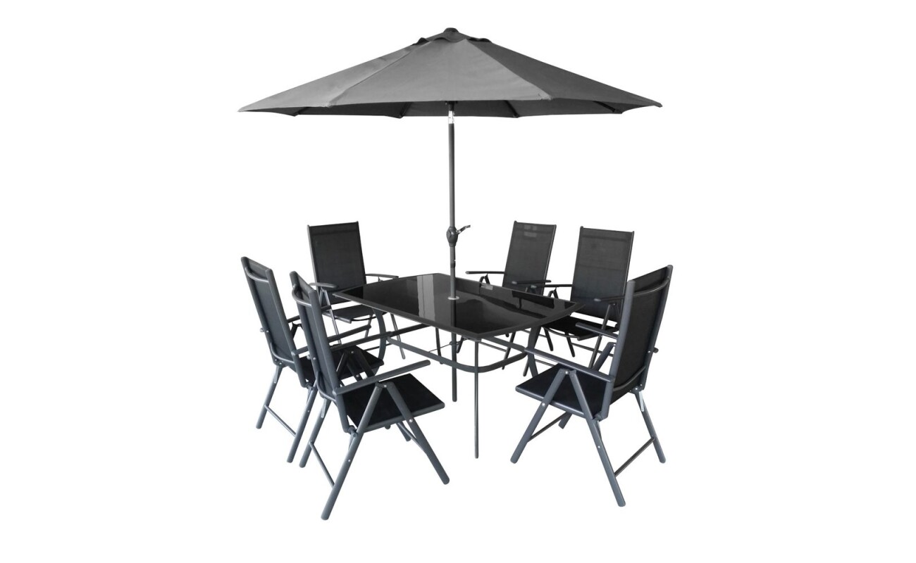 Combined garden furniture set of 6&nbsp;chairs and one table with parasol. Steel-Aluminium frame profiles