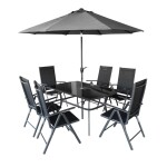 <p>Combined garden furniture set of 6&nbsp;chairs and one table with parasol. Steel-Aluminium frame profiles