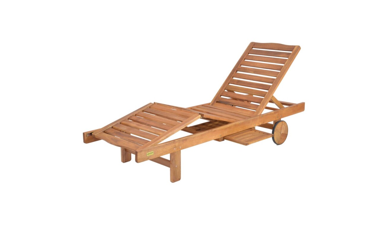 Luxurious reclining chaise longue made of tropical acacia wood with magazine rack. Load capacity 200 kg.