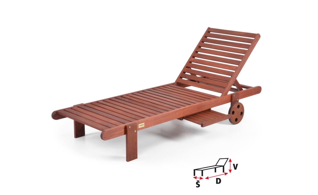 Luxurious sun lounger made of hard exotic Meranti tree with an additional shelf. Natural wood.