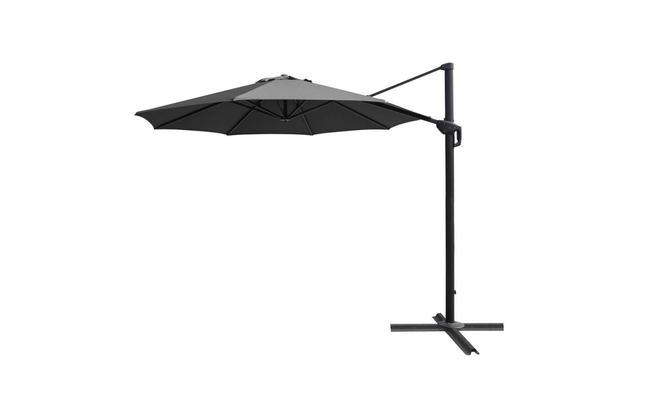 Aluminium parasol with a diameter of 3.5 m with cross base. 8 cross bars 17 x 25 mm. Pole diameter 53 x 80 mm. Easy to open and close with handle. Polyester 200 g/m2 with ventilation.