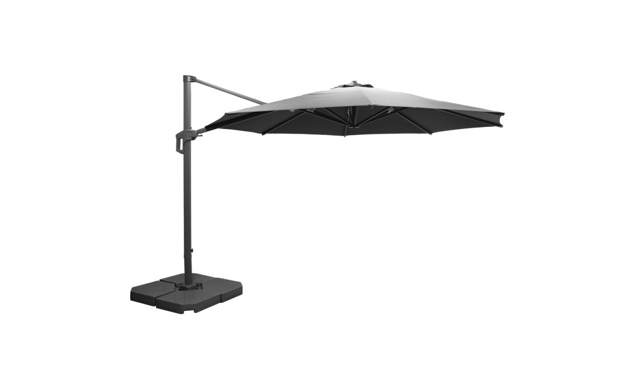 Aluminium parasol with a diameter of 3.5 m with cross base. 8 cross bars 17 x 25 mm. Pole diameter 53 x 80 mm. Easy to open and close with handle. Polyester 200 g/m2 with ventilation. Base 100 x 100 cm.