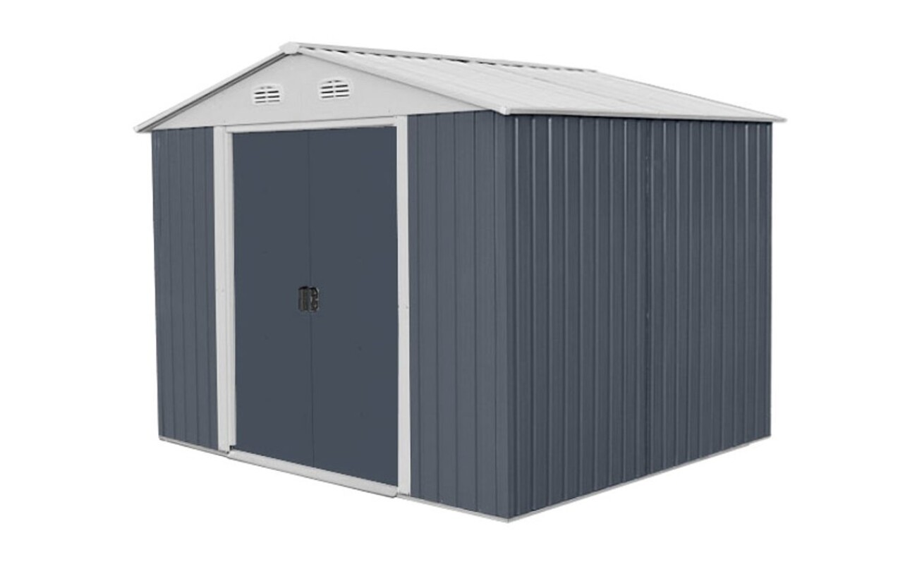 Quality garden house with a durable construction in a combination of grey and dark grey. Dimensions including roof overhang are 1960 x 2580 mm.