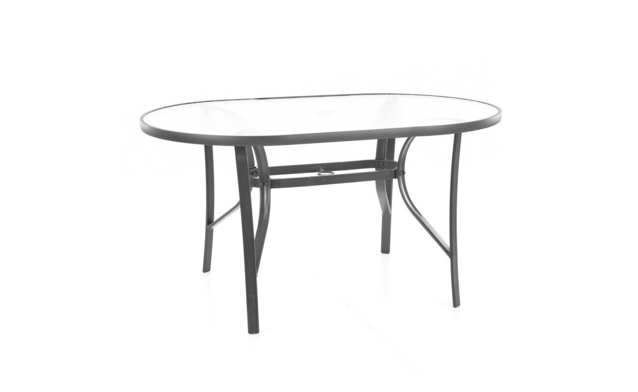Made of steel-aluminum profiles and Komaxit surface treatment. Table with tempered glass. W 141 × D 91 × H 73 cm.