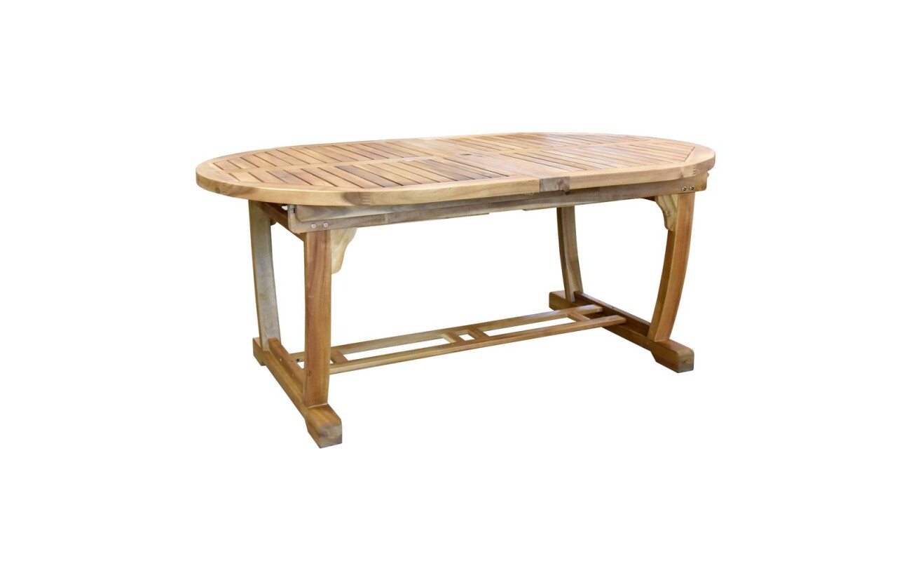 Made of hard natural Acacia. Suitable for use on gardens and terraces. It can be used outdoors using a suitable impregnation. W 180/280 x D 115 x H 76 cm.