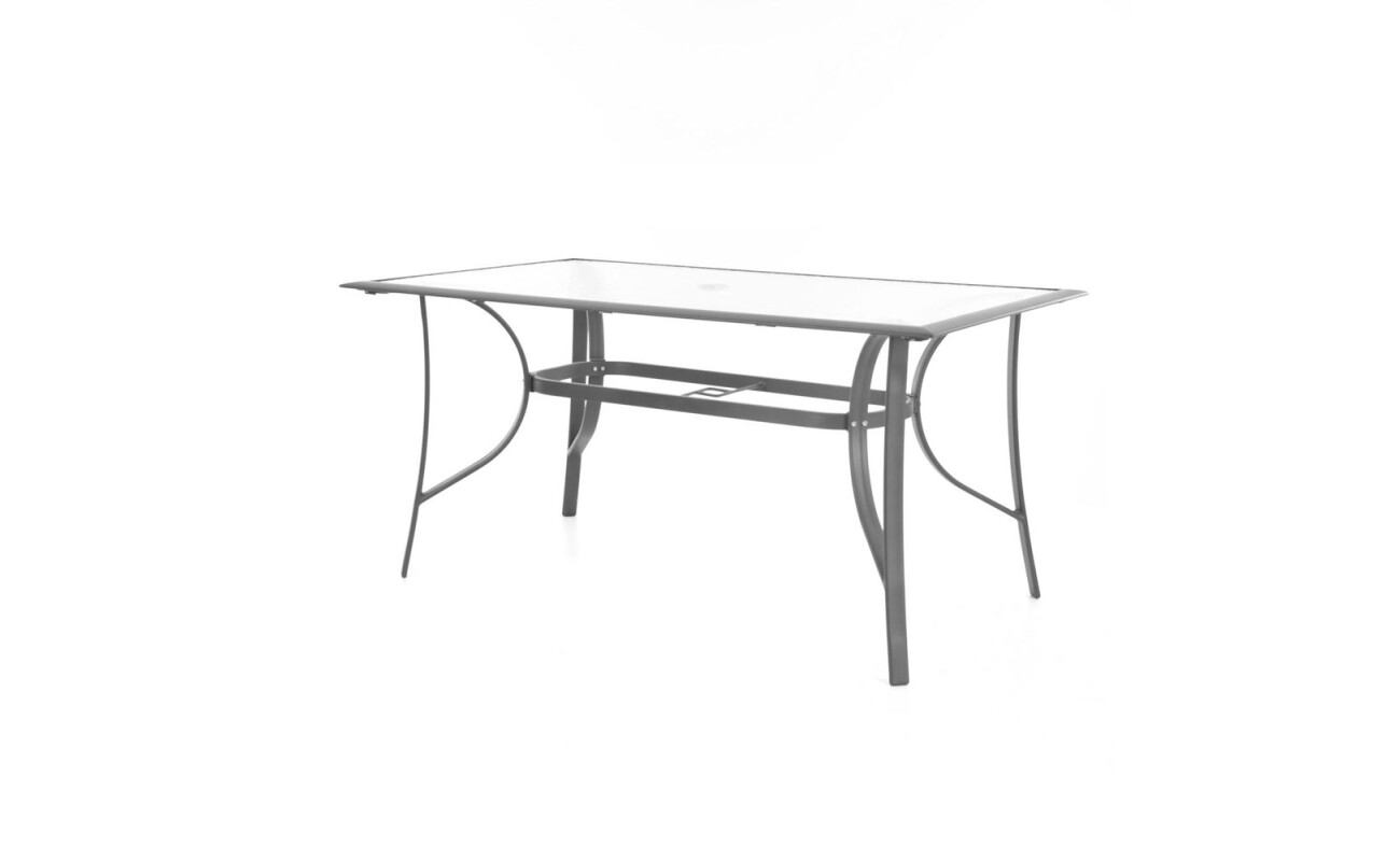 Made of steel-aluminium profiles with comaxit coating. Suitable for exteriors and interiors. Suitable for use in humid environments. Table with tempered glass. W 150 × D 90 × H 73 cm.