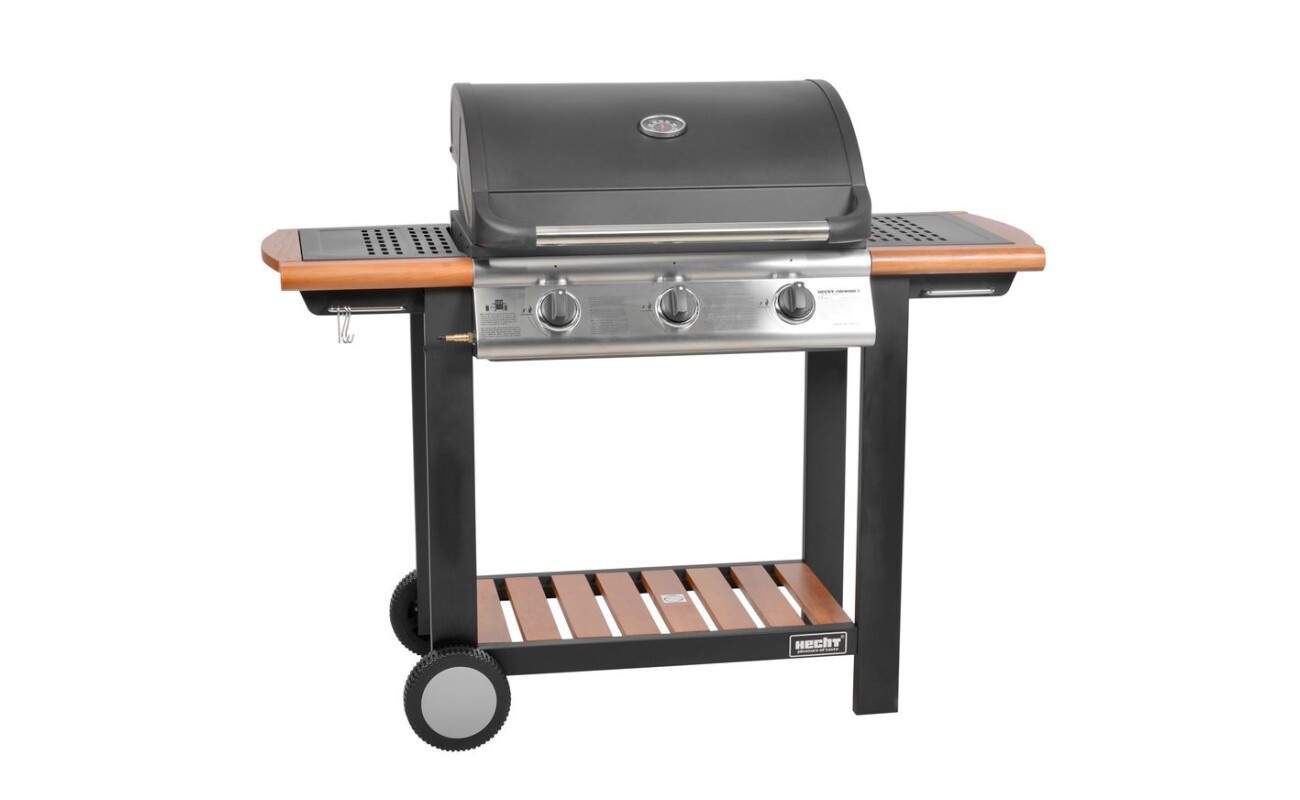 Powerful gas grill (mid-range). 3 controllable 10.5 kW burners. Compact dimensions. Suitable for smaller terraces. Stainless Steel Front Control Panel. Luxury combination of wood