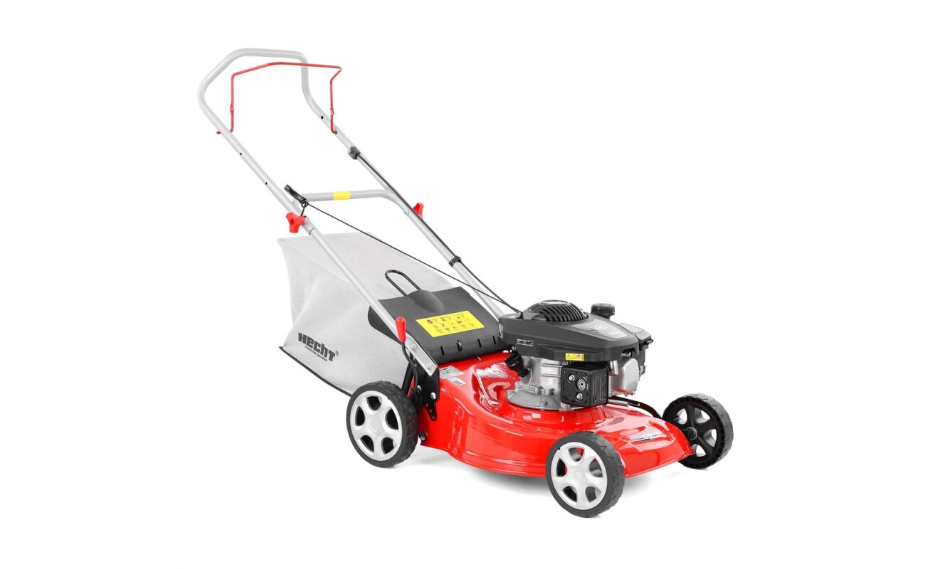 Gasoline lawn mower with a 46 cm cutting width. HECHT OHV motor with 161 cm2 displacement. 55-liter grass bag. Maximum recommended mowing area 750 m2.
