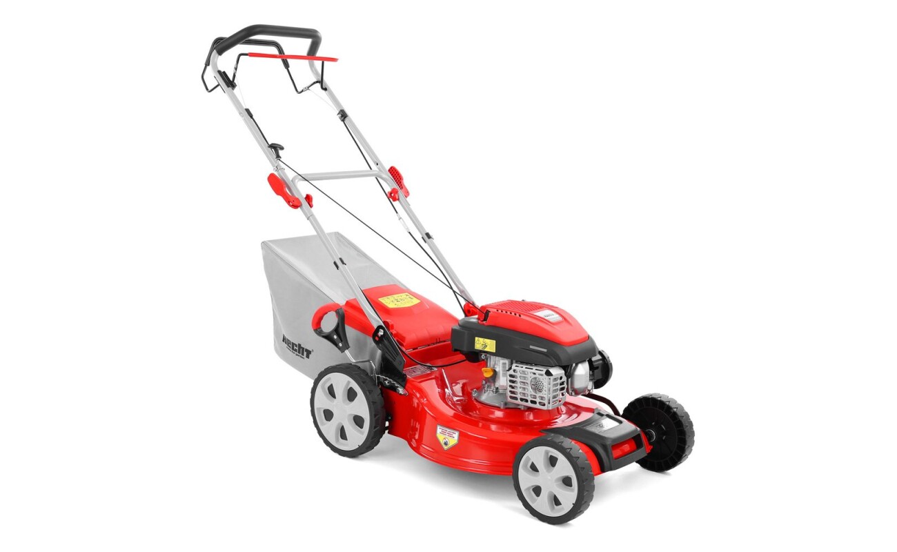 The HECHT 551 SC Gasoline Lawn Mower with self-propulsion and a HECHT OHV engine of 161 cm³ offers a working width of 51 cm. With central height adjustment ranging from 25-75 mm and a 55-liter grass collector