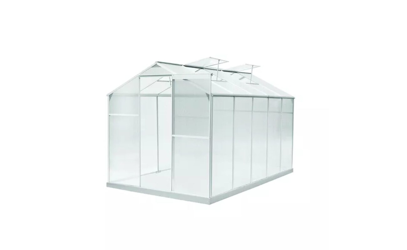 Garden greenhouse with dimensions 311 x 190 x 195 cm. Area 598 cm2. Frame made of aluminium profiles with a width of 1.2 mm. Filling 4 mm polycarbonate with UV filter