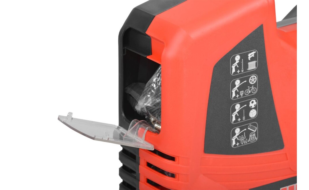 1 kW. Max. pressure 8 bar. Power output 180 l / min. Standard equipment: air gun with hose and pressure gauge
