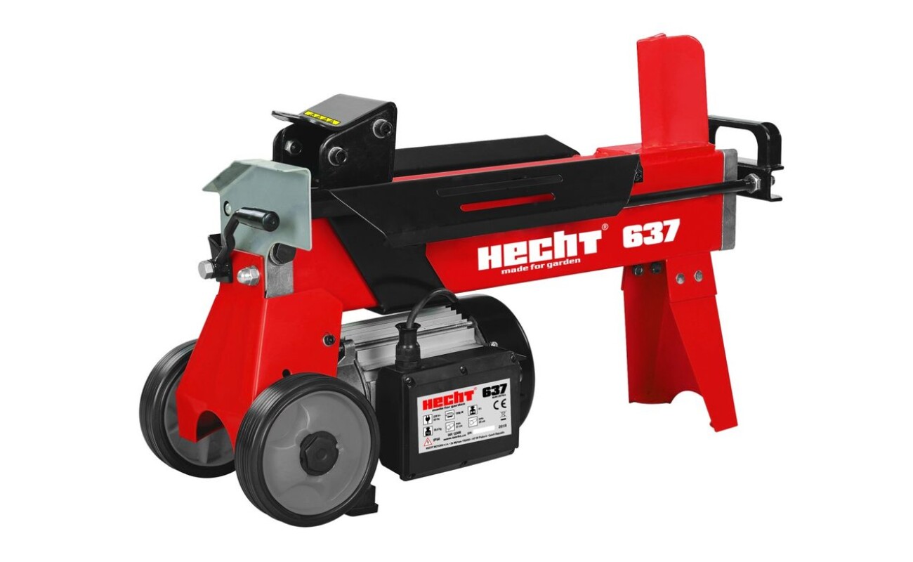 Elelctric horizontal log splitter. Power input 1500 W. Length of log up to 37 cm. Max. pressure 4 tons. Handles and transport wheels. Weight 43 kg.