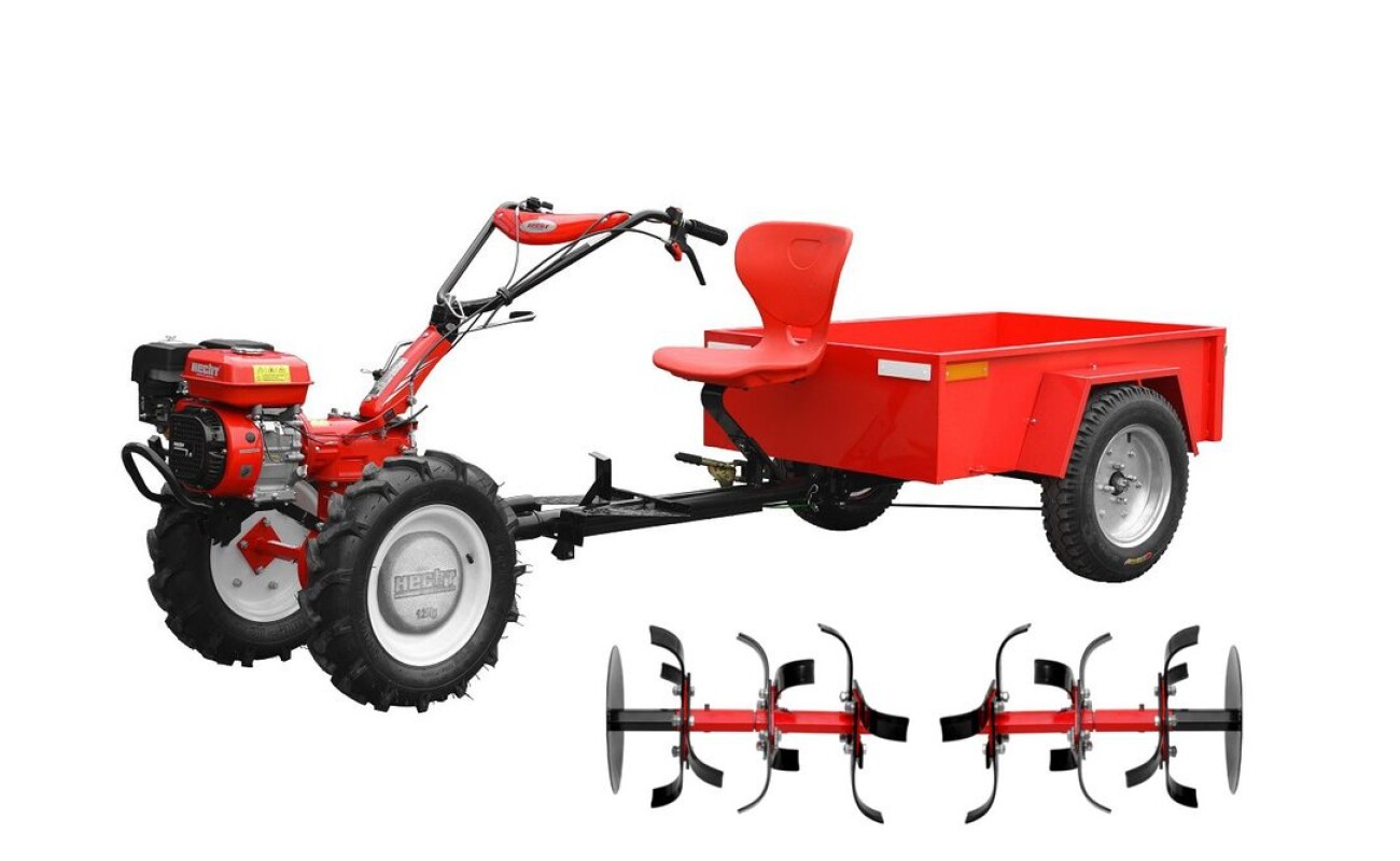Jednoosý traktor - kultivátor s obsahem motoru 208 cm3 a výkonem 7 HP. Záběr 81/104 cm. Set obsahuje HECHT 7100 + 57100 + 57101 + 007112 + 007101.