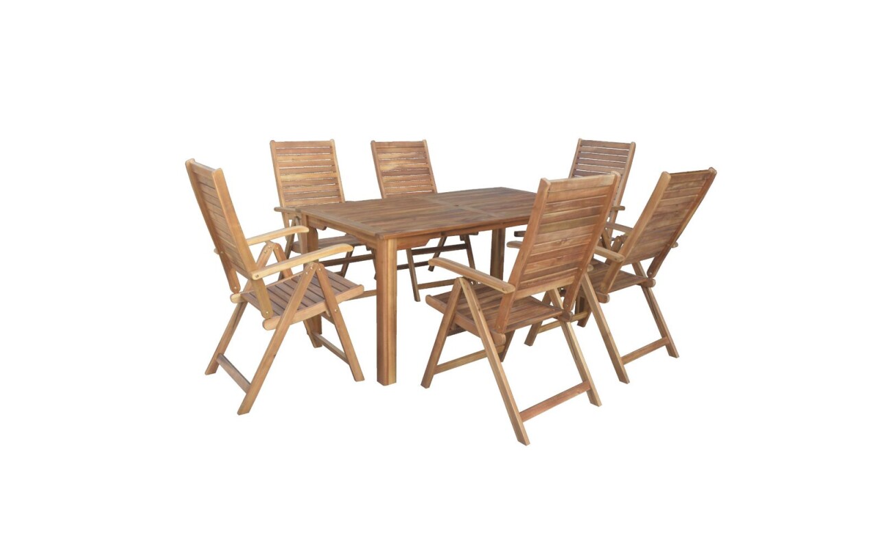 Set of six chairs and a&nbsp;table of the highest quality hard wood Acacia. The table is convertible. Wood is a&nbsp;natural material. Color variations from the illustrations are not a&nbsp;reason for complaint. Suitable for sheltered garden areas.