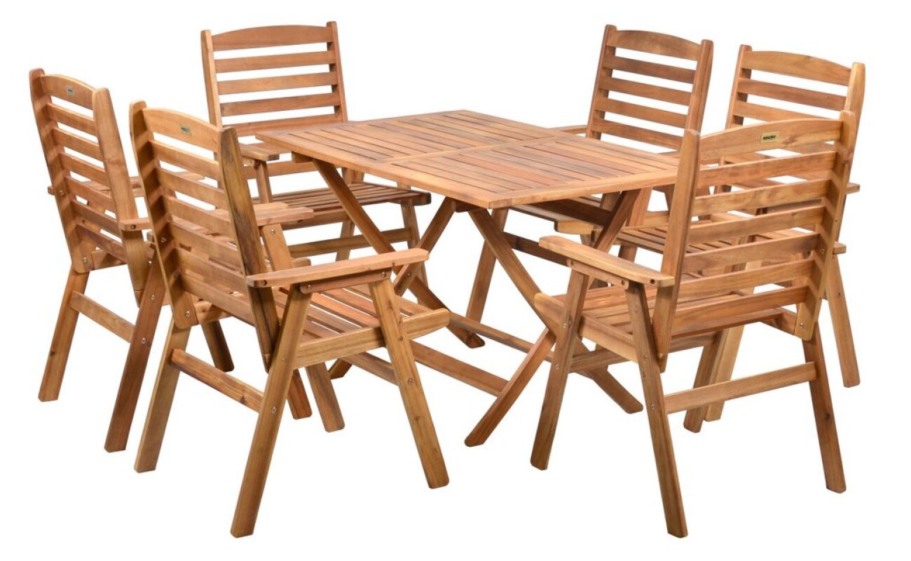 Set of garden furniture -&nbsp;table and 6&nbsp;chairs. Made out of hard wood Acacia. Suitable for sheltered garden areas.
