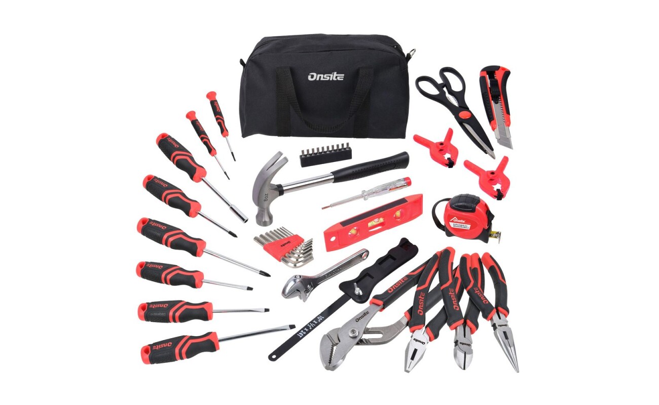 41-piece hand tool set stored in a textile bag