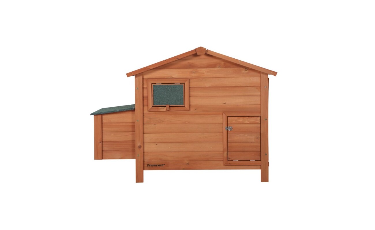 The PROMINENT OLIVER chicken coop is made of durable fir wood. The roof is covered with asphalt shingles. Dimensions 134 x 90 x 99 cm.