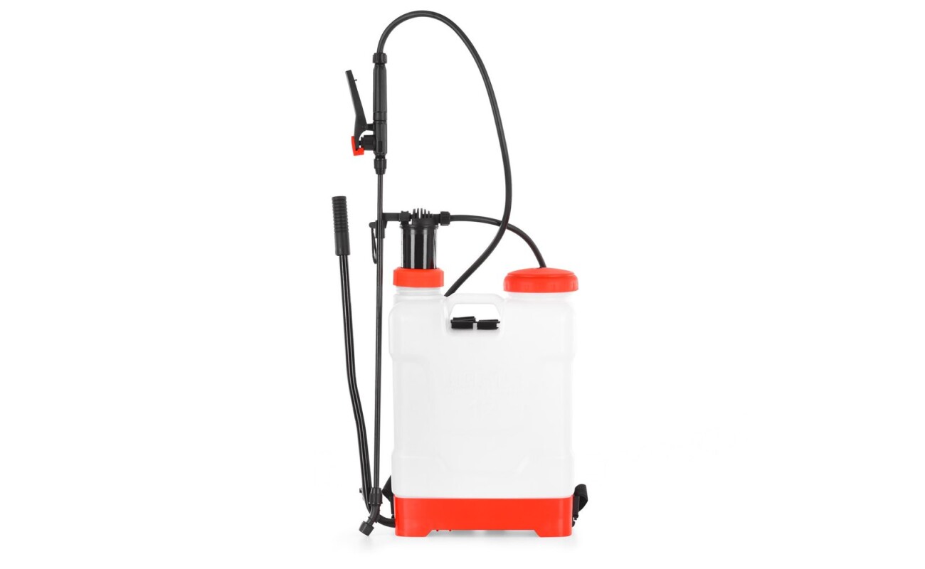 Knapsack sprayer. Tank volume 12 litres. Max. pressure 4 bar. Adjustable spray nozzle. Hose lenght 50 cm
