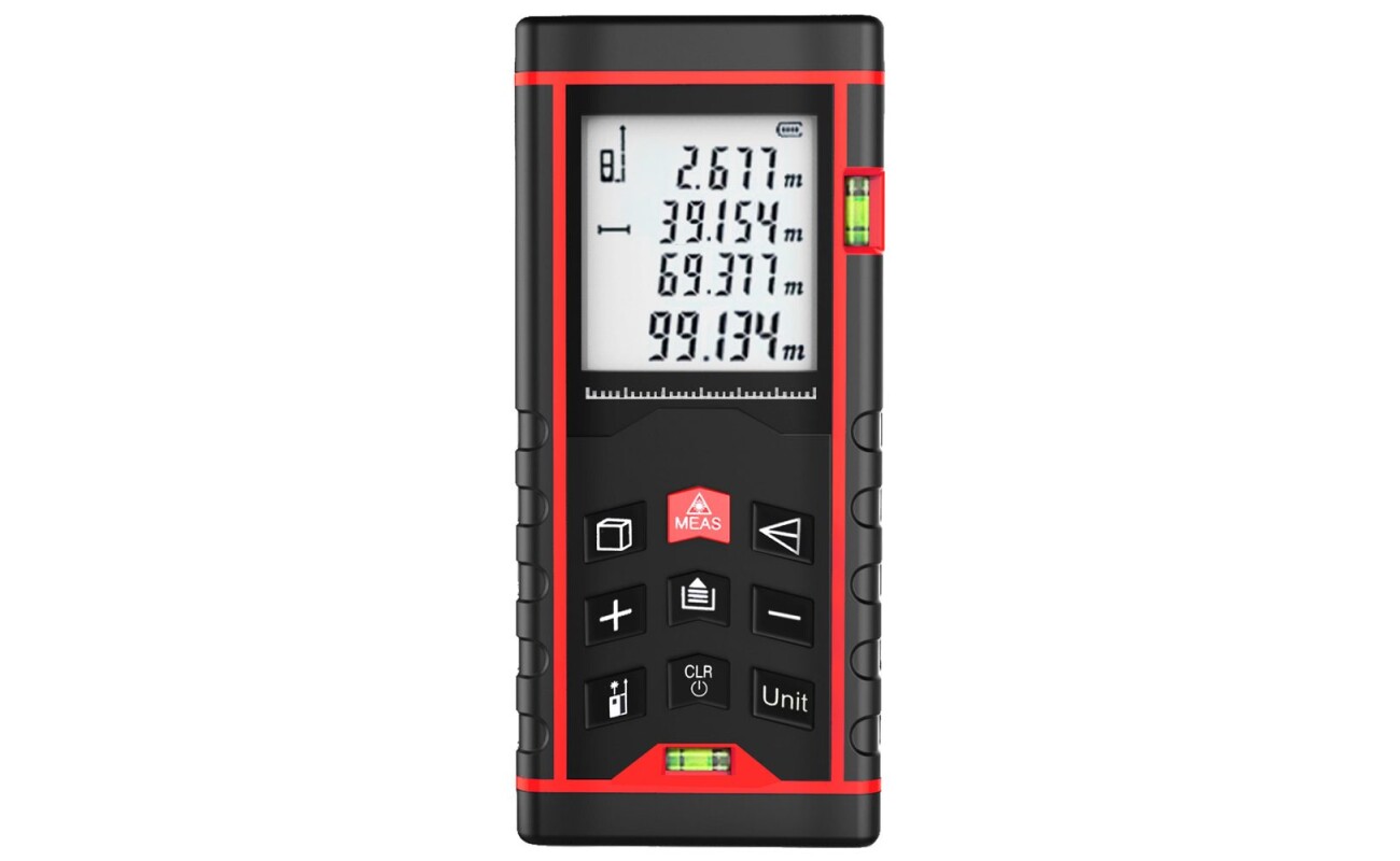 Laser distance measurer with a measuring range of 0.05-50 m. Basic and advanced measurement with area