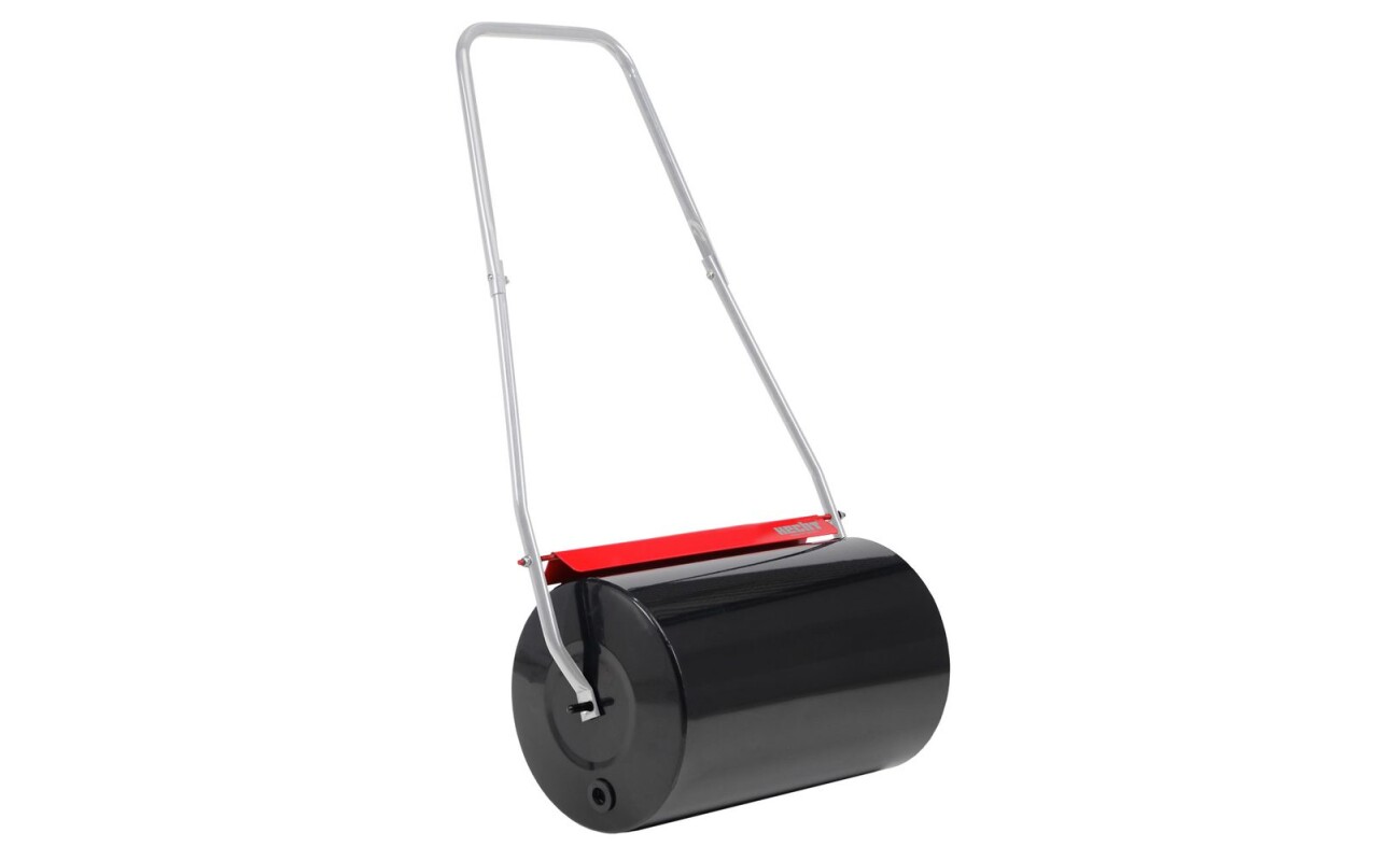 Hand-held garden roller with dirt wiper. Weight with load approx. 50 kg. 50 cm reach. Roller diameter 32 cm. Grade II (paint defect).